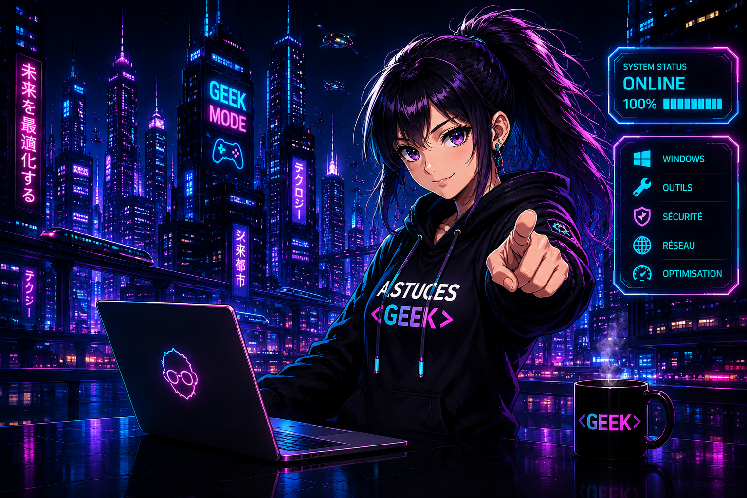Mascotte d'Astuces Geek en tenue cyberpunk
